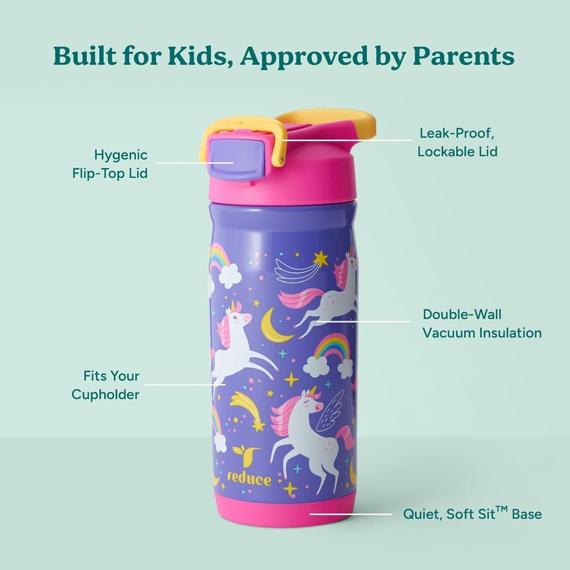Reduce Hydrate Pro Kids 14oz Stainless Steel Insulated Water Bottle w/Straw – Spill Proof Tumbler for Kids – 30 Hour Cold Retention – Dishwasher Safe Leak-Proof Design - Unicorn Magic - Image 2